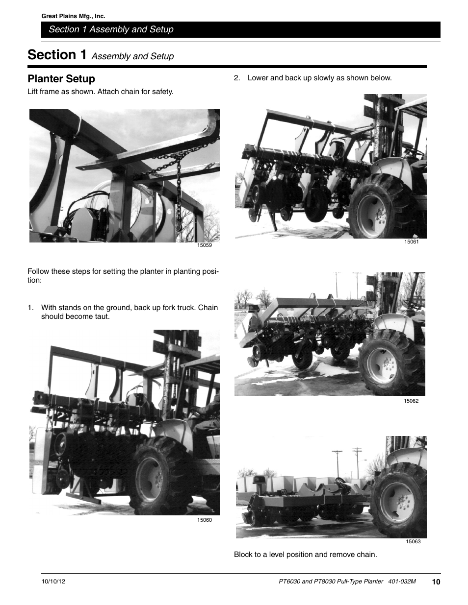 Planter setup, Section 1 assembly and setup | Great Plains PT8030 V1012 Operator Manual User Manual | Page 12 / 66