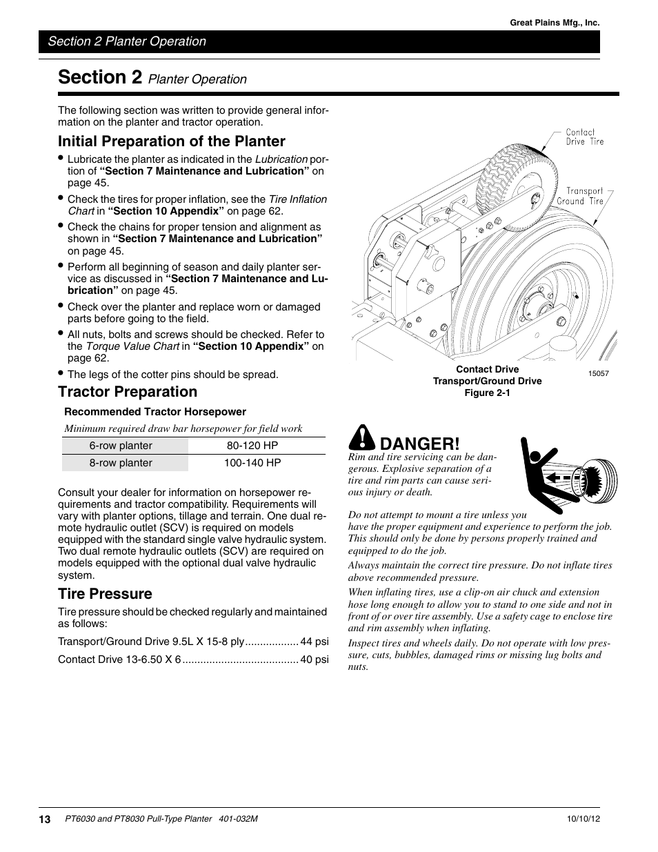 Initial preparation of the planter, Tractor preparation, Tire pressure | Section 2 planter operation, Tractor preparation in, Danger | Great Plains PT8030 V1012 Operator Manual User Manual | Page 15 / 66