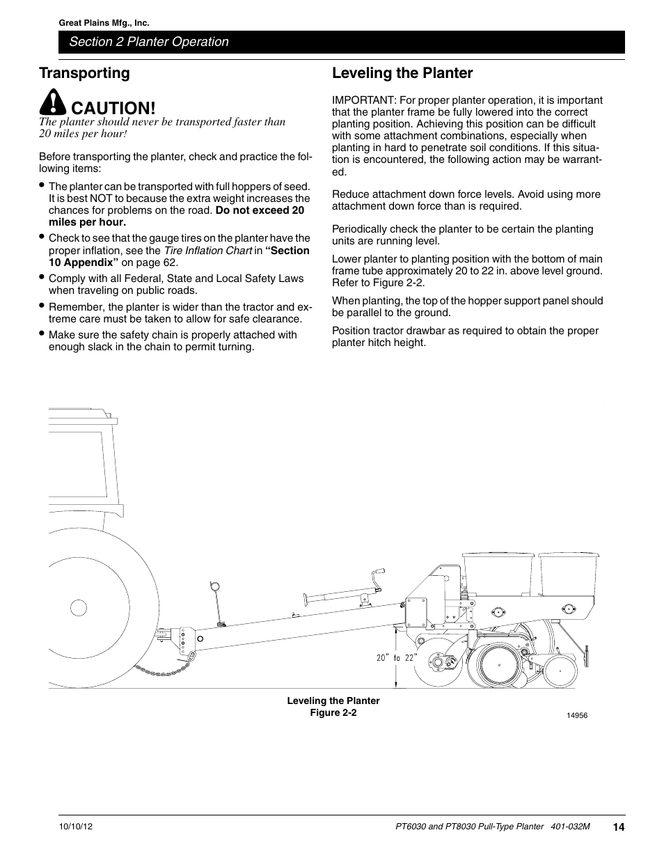 Transporting, Leveling the planter, Caution | Great Plains PT8030 V1012 Operator Manual User Manual | Page 16 / 66
