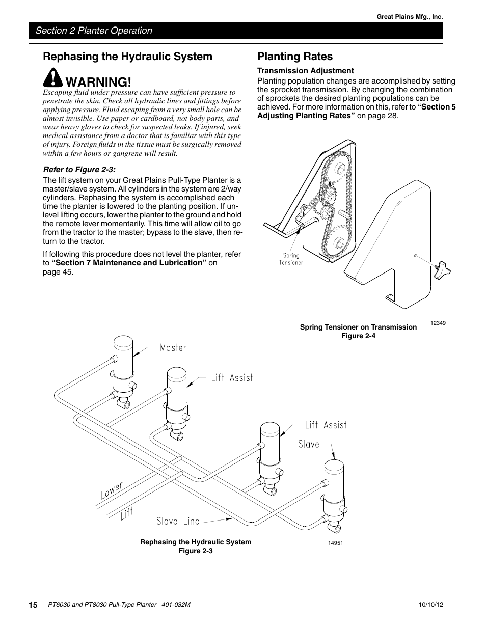 Rephasing the hydraulic system, Planting rates, Transmission adjustment | Warning | Great Plains PT8030 V1012 Operator Manual User Manual | Page 17 / 66