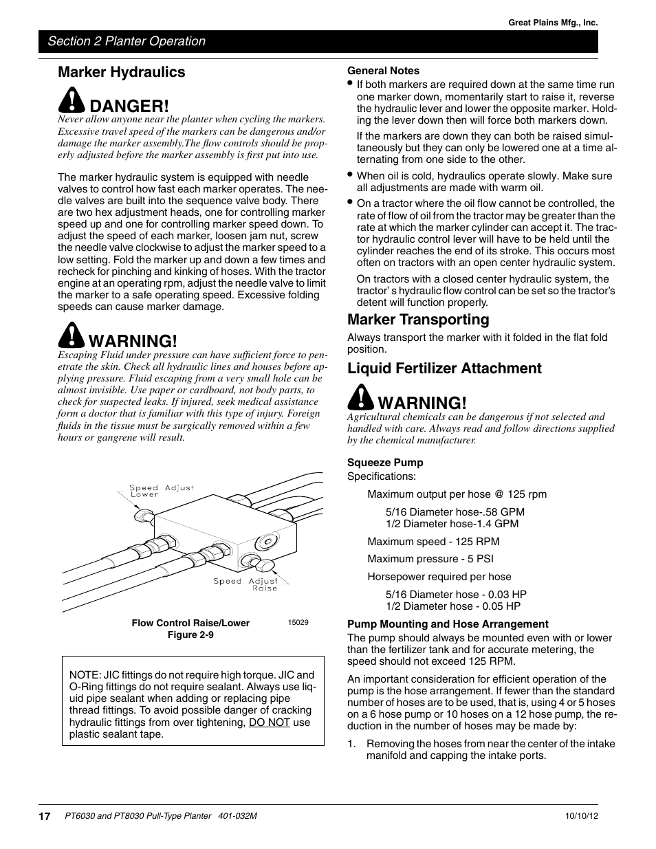 Marker hydraulics, General notes, Marker transporting | Liquid fertilizer attachment, Squeeze pump, Pump mounting and hose arrangement, Warning, Danger | Great Plains PT8030 V1012 Operator Manual User Manual | Page 19 / 66