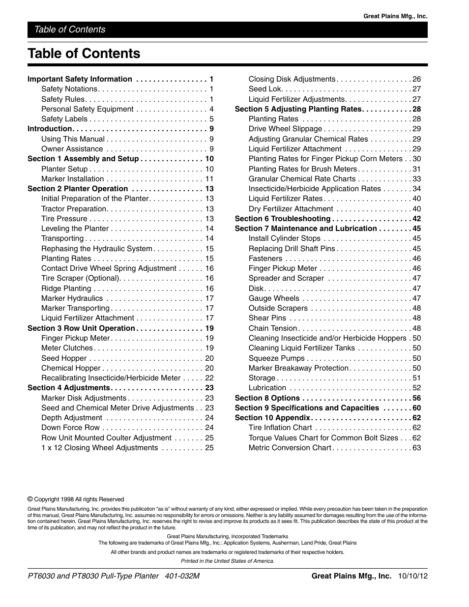 Great Plains PT8030 V1012 Operator Manual User Manual | Page 2 / 66