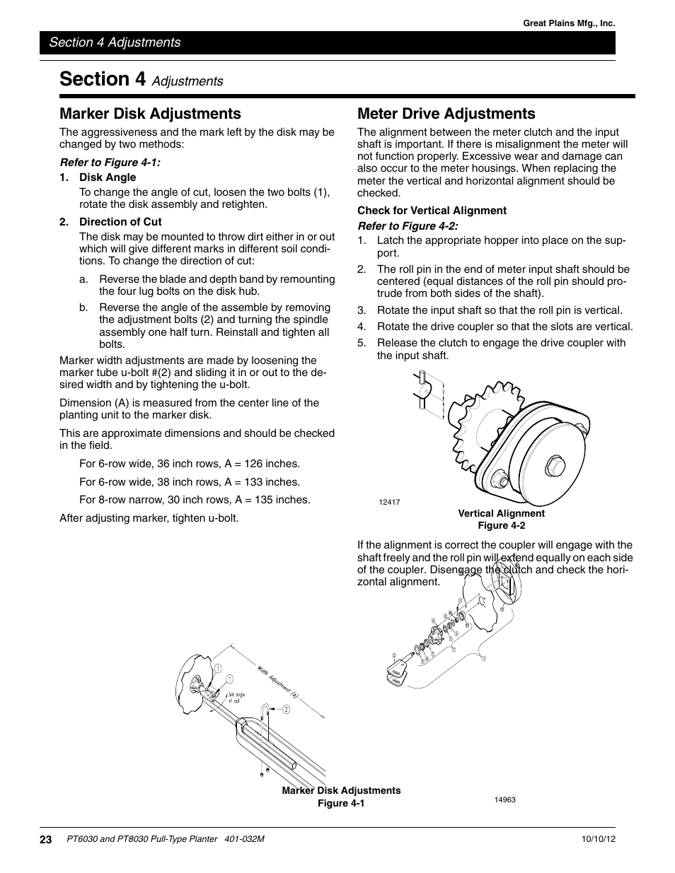 Marker disk adjustments, Disk angle, Direction of cut | Meter drive adjustments, Check for vertical alignment, Section 4 adjustments | Great Plains PT8030 V1012 Operator Manual User Manual | Page 25 / 66