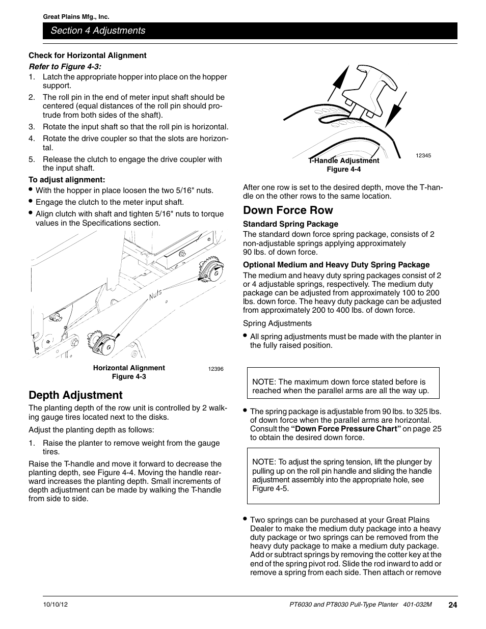 Check for horizontal alignment, To adjust alignment, Depth adjustment | Down force row, Standard spring package, Optional medium and heavy duty spring package | Great Plains PT8030 V1012 Operator Manual User Manual | Page 26 / 66