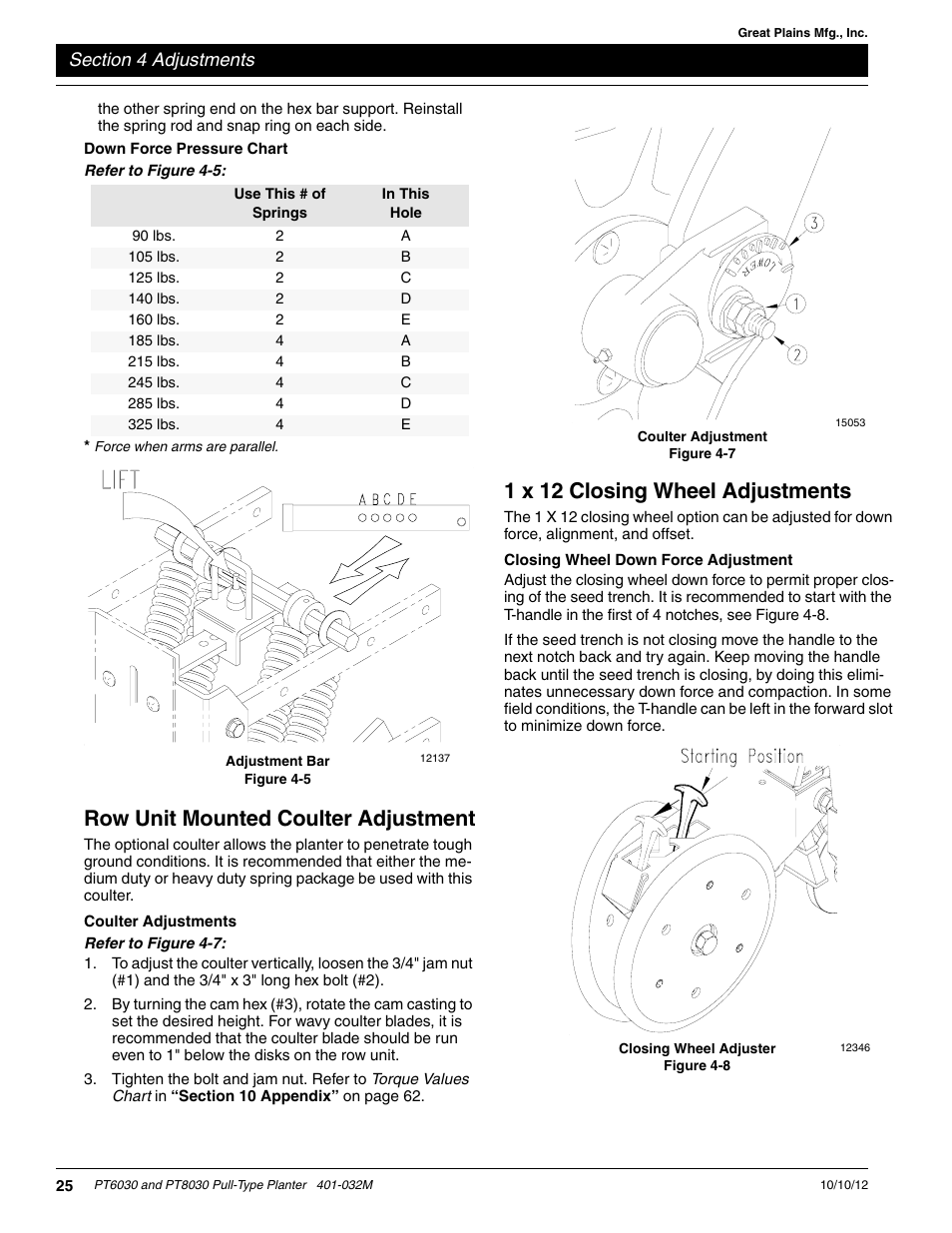 Down force pressure chart, Row unit mounted coulter adjustment, Coulter adjustments | 1 x 12 closing wheel adjustments, Closing wheel down force adjustment, Figure 4-5 | Great Plains PT8030 V1012 Operator Manual User Manual | Page 27 / 66