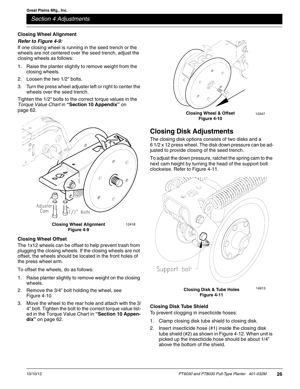 Closing wheel alignment, Closing wheel offset, Closing disk adjustments | Closing disk tube shield | Great Plains PT8030 V1012 Operator Manual User Manual | Page 28 / 66