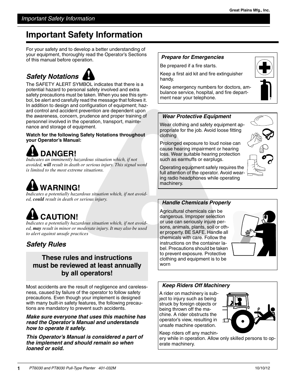 Safety notations, Safety rules, Prepare for emergencies | Wear protective equipment, Handle chemicals properly, Keep riders off machinery, Important safety information | Great Plains PT8030 V1012 Operator Manual User Manual | Page 3 / 66