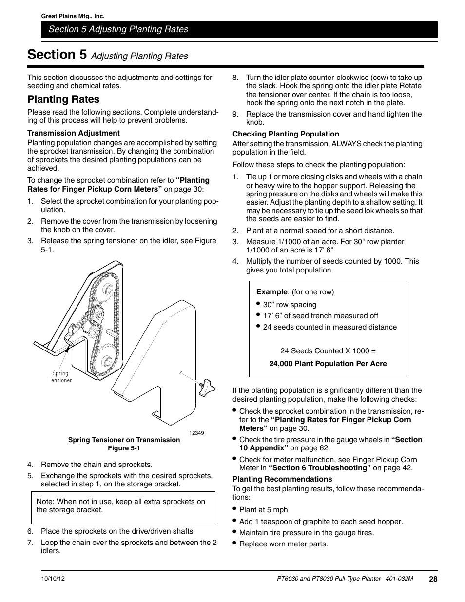 Planting rates, Transmission adjustment, Checking planting population | Planting recommendations, Section 5 adjusting planting rates, 28 are appro | Great Plains PT8030 V1012 Operator Manual User Manual | Page 30 / 66