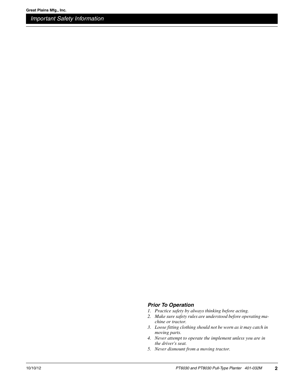 Use safety lights and devices, Transport machinery safely, Use a safety chain | Prior to operation | Great Plains PT8030 V1012 Operator Manual User Manual | Page 4 / 66