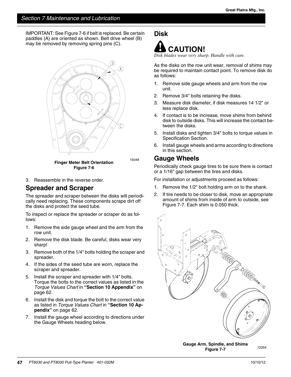 Spreader and scraper, Disk, Gauge wheels | Caution | Great Plains PT8030 V1012 Operator Manual User Manual | Page 49 / 66