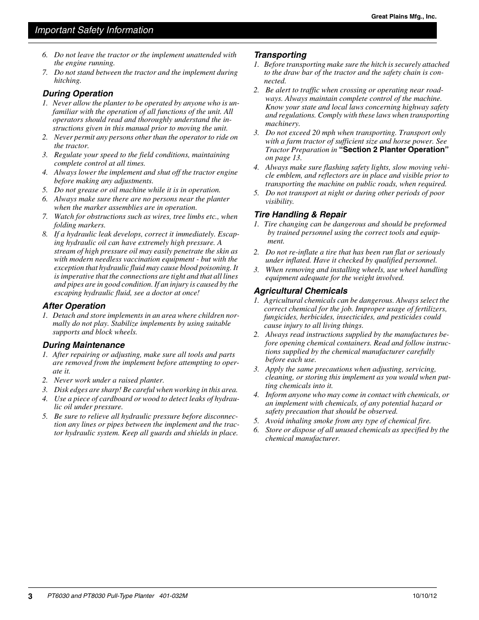 During operation, After operation, During maintenance | Transporting, Tire handling & repair, Agricultural chemicals | Great Plains PT8030 V1012 Operator Manual User Manual | Page 5 / 66