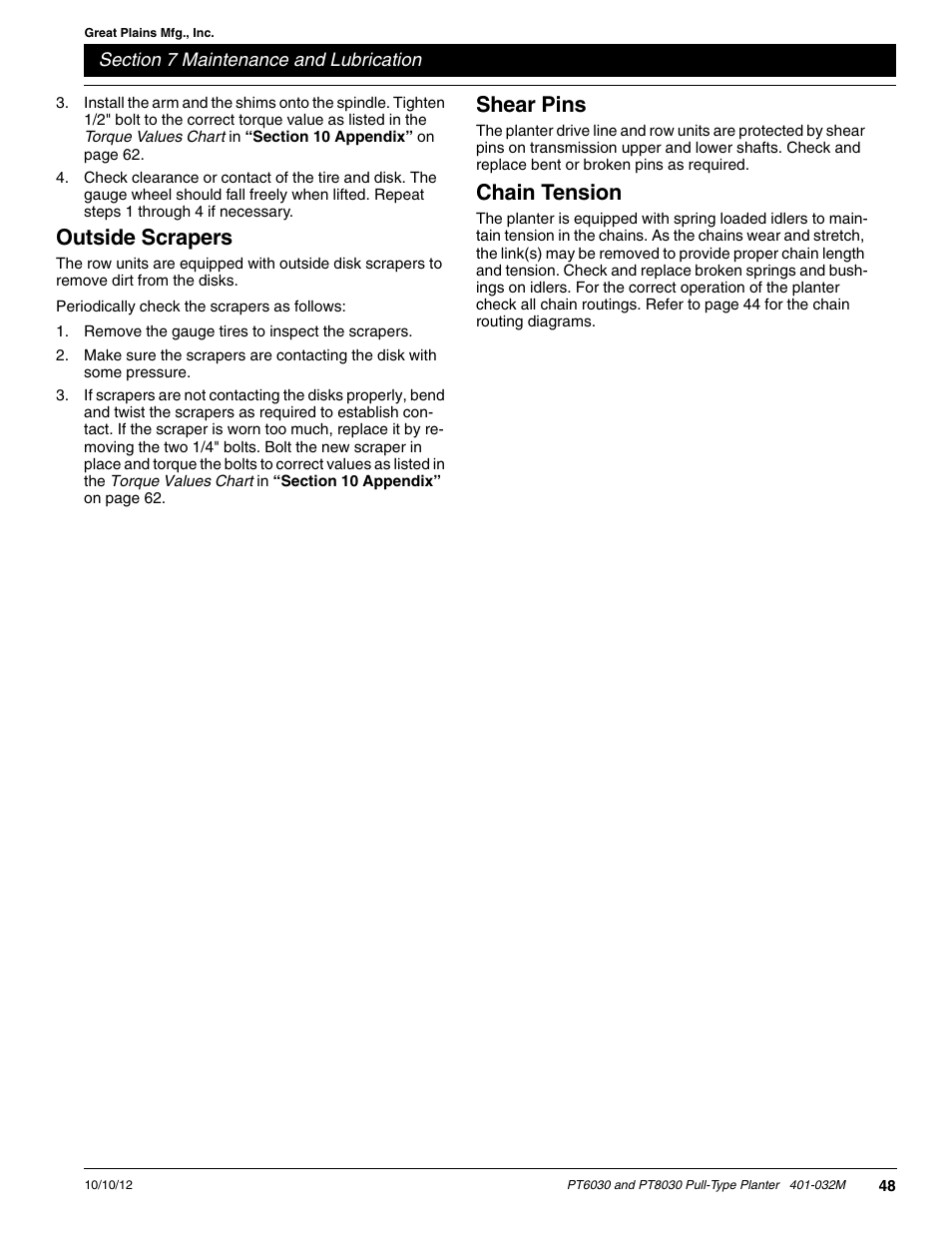 Outside scrapers, Shear pins, Chain tension | Great Plains PT8030 V1012 Operator Manual User Manual | Page 50 / 66