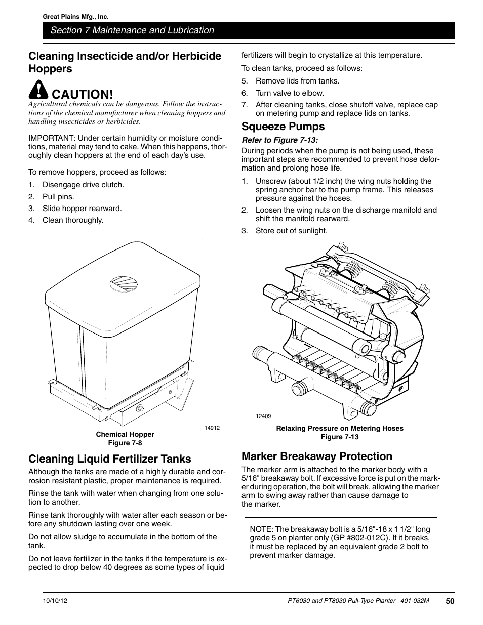 Cleaning insecticide and/or herbicide hoppers, Cleaning liquid fertilizer tanks, Squeeze pumps | Marker breakaway protection, Caution | Great Plains PT8030 V1012 Operator Manual User Manual | Page 52 / 66