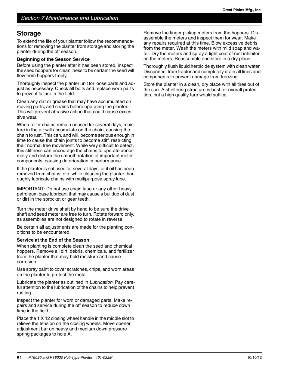 Storage, Beginning of the season service, Service at the end of the season | Great Plains PT8030 V1012 Operator Manual User Manual | Page 53 / 66