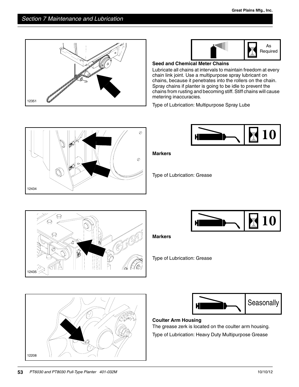 Coulter arm housing, Seed and chemical meter chains, Markers | Seasonally | Great Plains PT8030 V1012 Operator Manual User Manual | Page 55 / 66