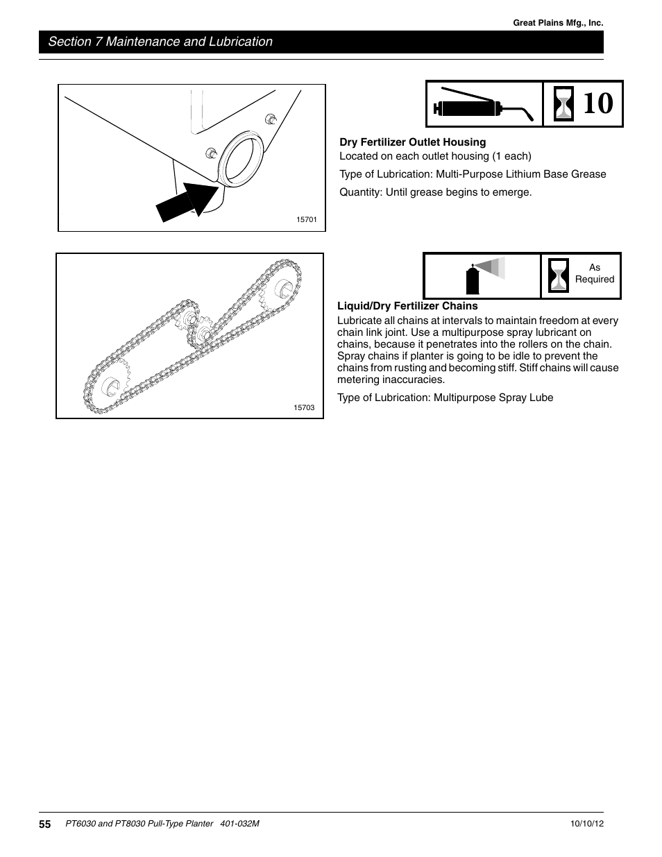 Dry fertilizer outlet housing, Liquid/dry fertilizer chains | Great Plains PT8030 V1012 Operator Manual User Manual | Page 57 / 66
