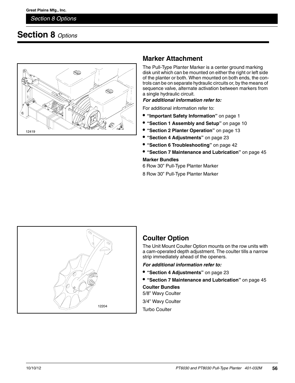 Section 8 options, Coulter option, Coulter bundles | Marker attachment, Marker bundles | Great Plains PT8030 V1012 Operator Manual User Manual | Page 58 / 66