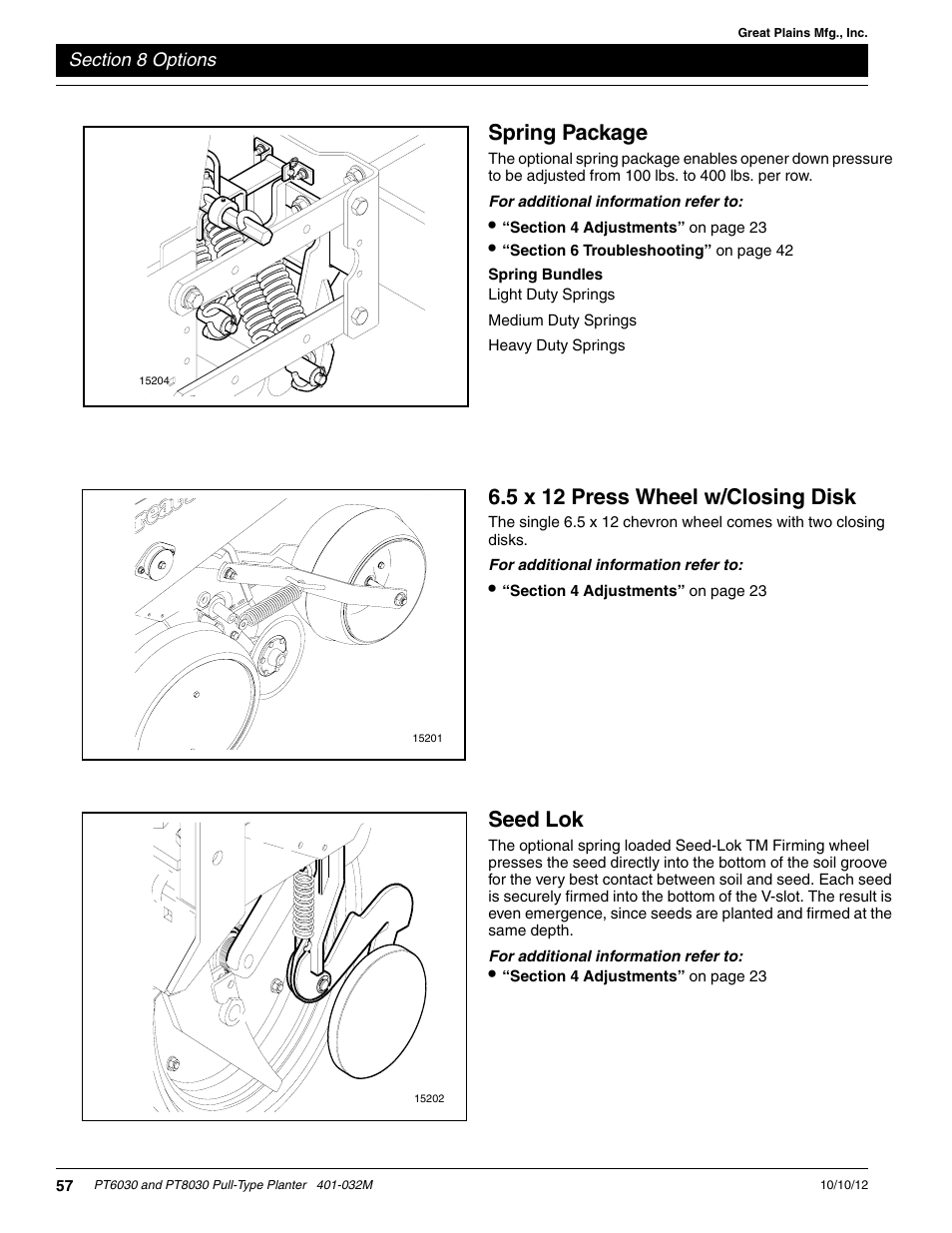 Seed lok, 5 x 12 press wheel w/closing disk, Spring package | Spring bundles | Great Plains PT8030 V1012 Operator Manual User Manual | Page 59 / 66