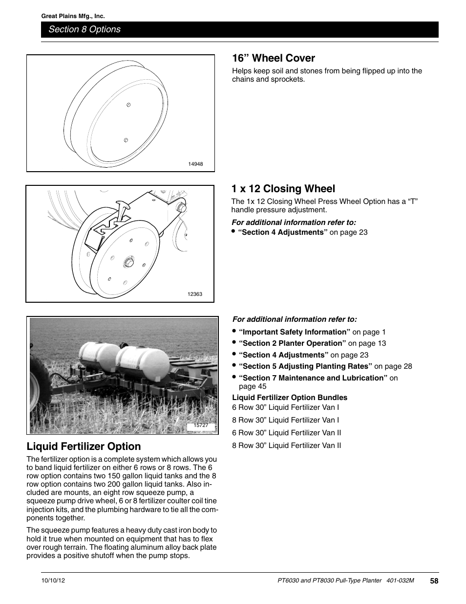 16” wheel cover, 1 x 12 closing wheel, Liquid fertilizer option | Liquid fertilizer option bundles | Great Plains PT8030 V1012 Operator Manual User Manual | Page 60 / 66