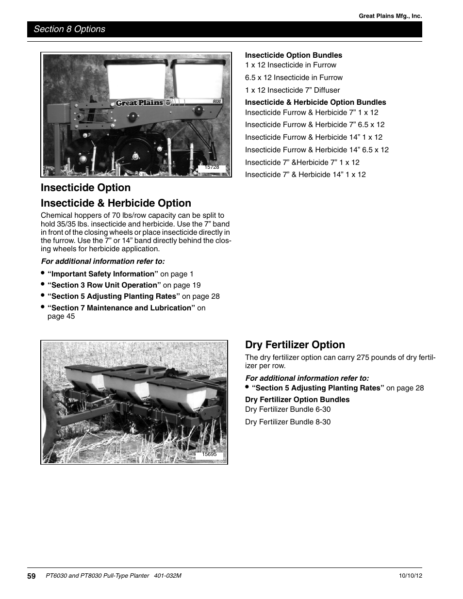 Insecticide option, Insecticide & herbicide option, Insecticide option bundles | Insecticide & herbicide option bundles, Dry fertilizer option, Dry fertilizer option bundles, Insecticide option insecticide & herbicide option | Great Plains PT8030 V1012 Operator Manual User Manual | Page 61 / 66