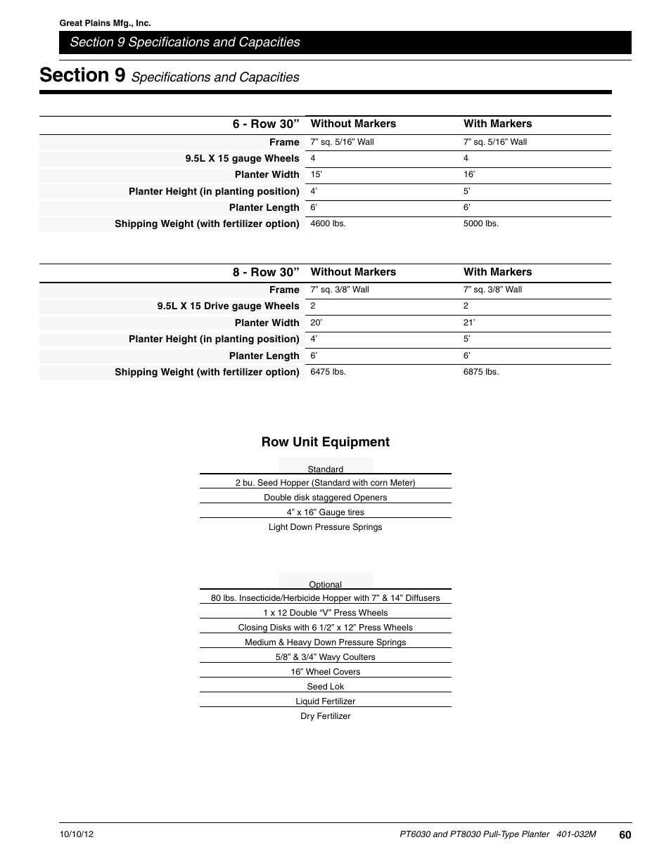 Section 9 specifications and capacities, Specifications and capacities, Row unit equipment | 6 - row 30, 8 - row 30 | Great Plains PT8030 V1012 Operator Manual User Manual | Page 62 / 66