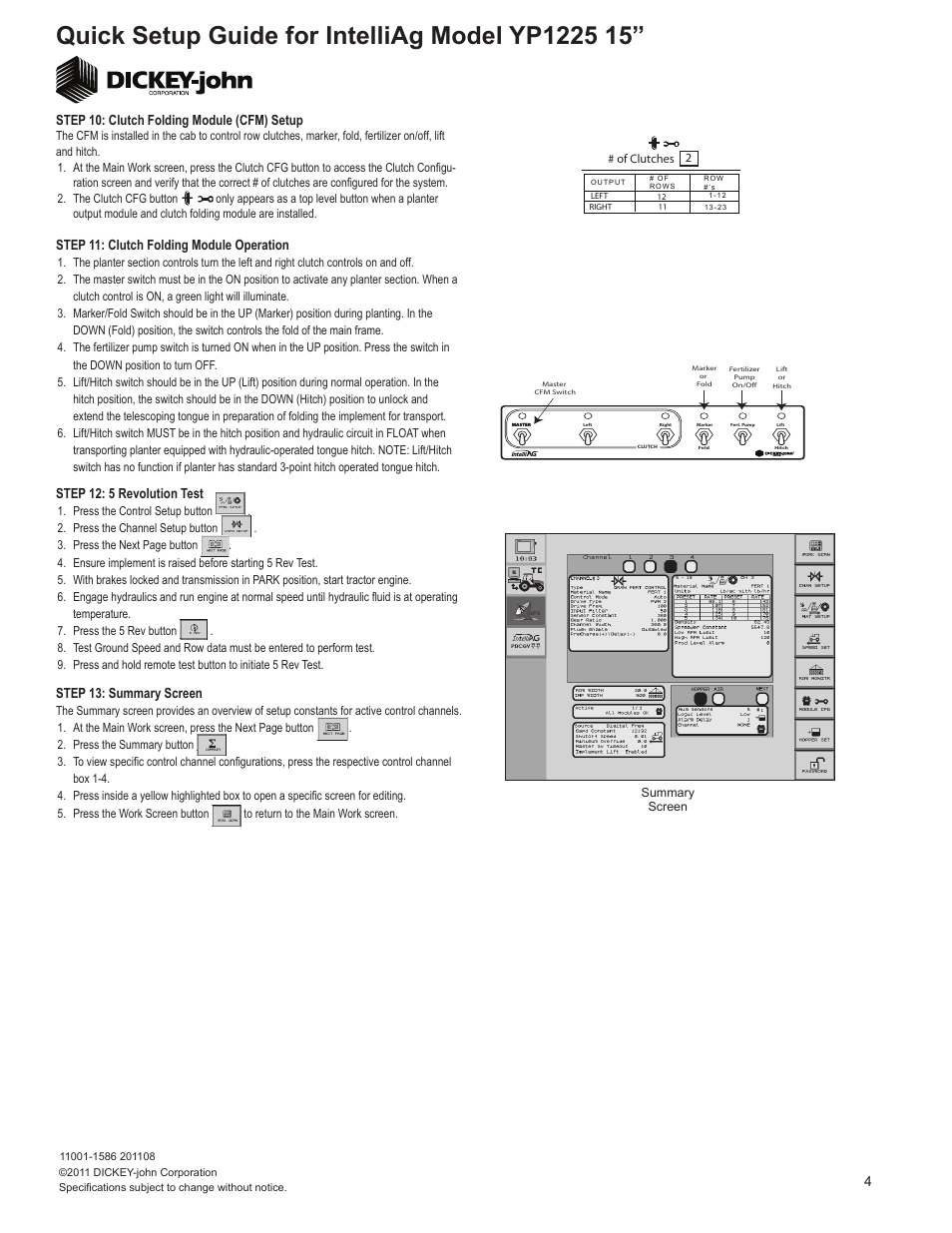 Step 12: 5 revolution test, 4step 13: summary screen, Step 11: clutch folding module operation | Step 10: clutch folding module (cfm) setup | Great Plains YP1225-2315 23 Row 15 Inch Quick Start User Manual | Page 4 / 5