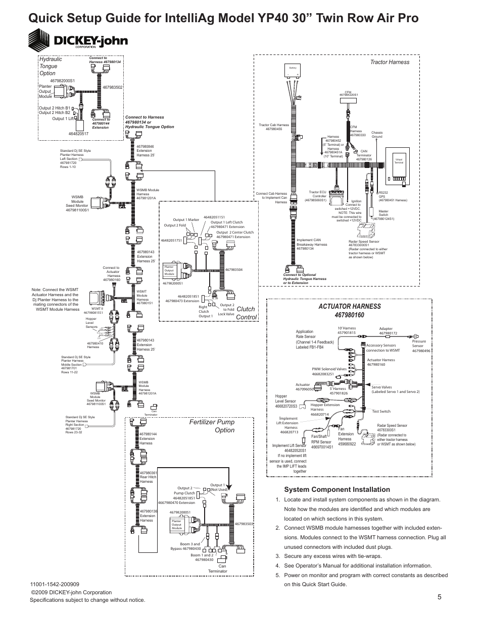 System component installation, Fertilizer pump option, Clutch control | Tractor harness, Hydraulic tongue option | Great Plains YP4025A-3215 32-Row 15-Inch Quick Start User Manual | Page 5 / 5