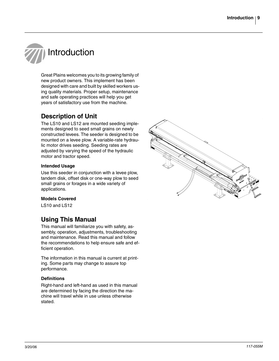 Introduction, Description of unit, Intended usage | Models covered, Using this manual, Definitions | Great Plains LS12 Operator Manual User Manual | Page 11 / 29