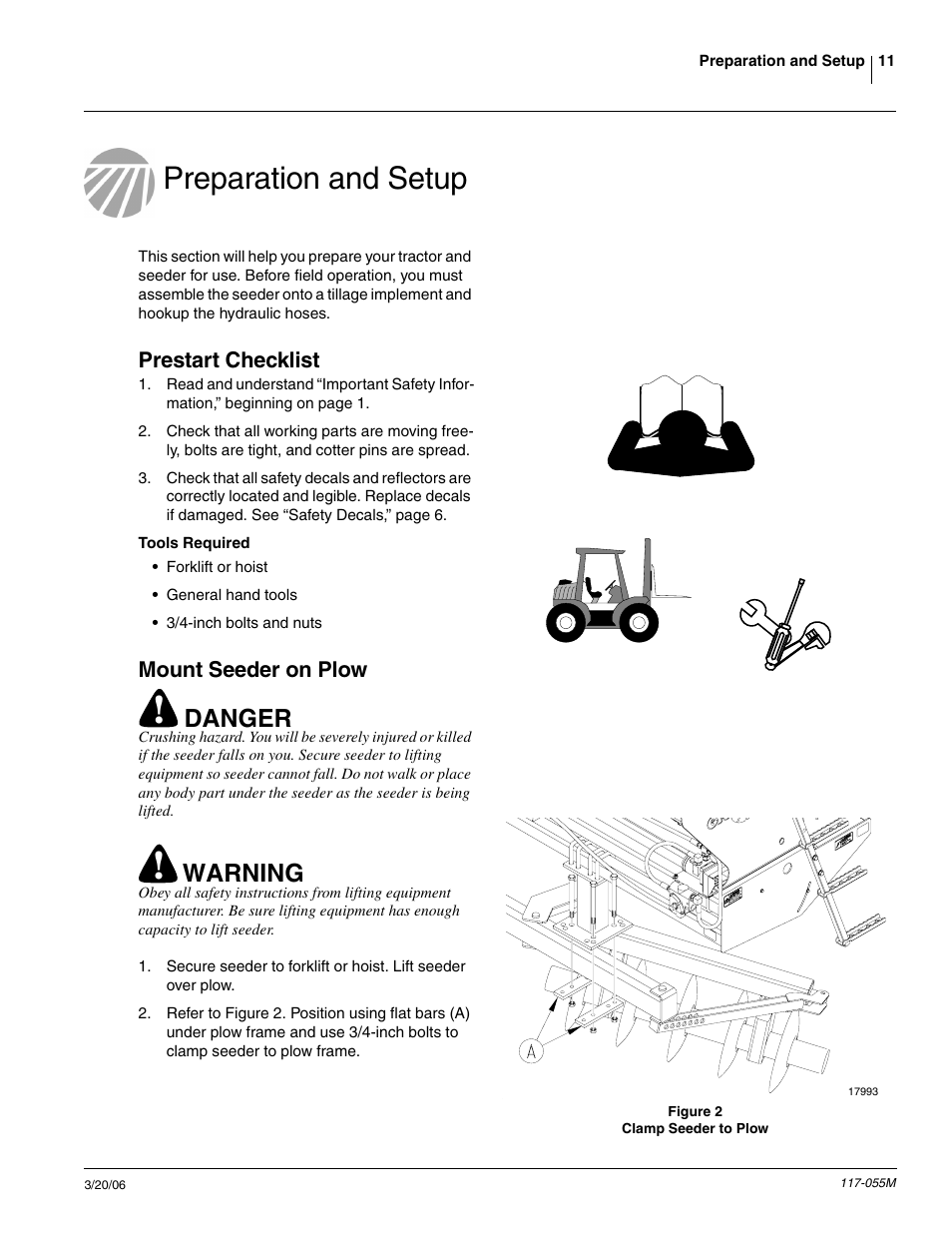 Preparation and setup, Prestart checklist, Tools required | Mount seeder on plow, Danger, Warning | Great Plains LS12 Operator Manual User Manual | Page 13 / 29
