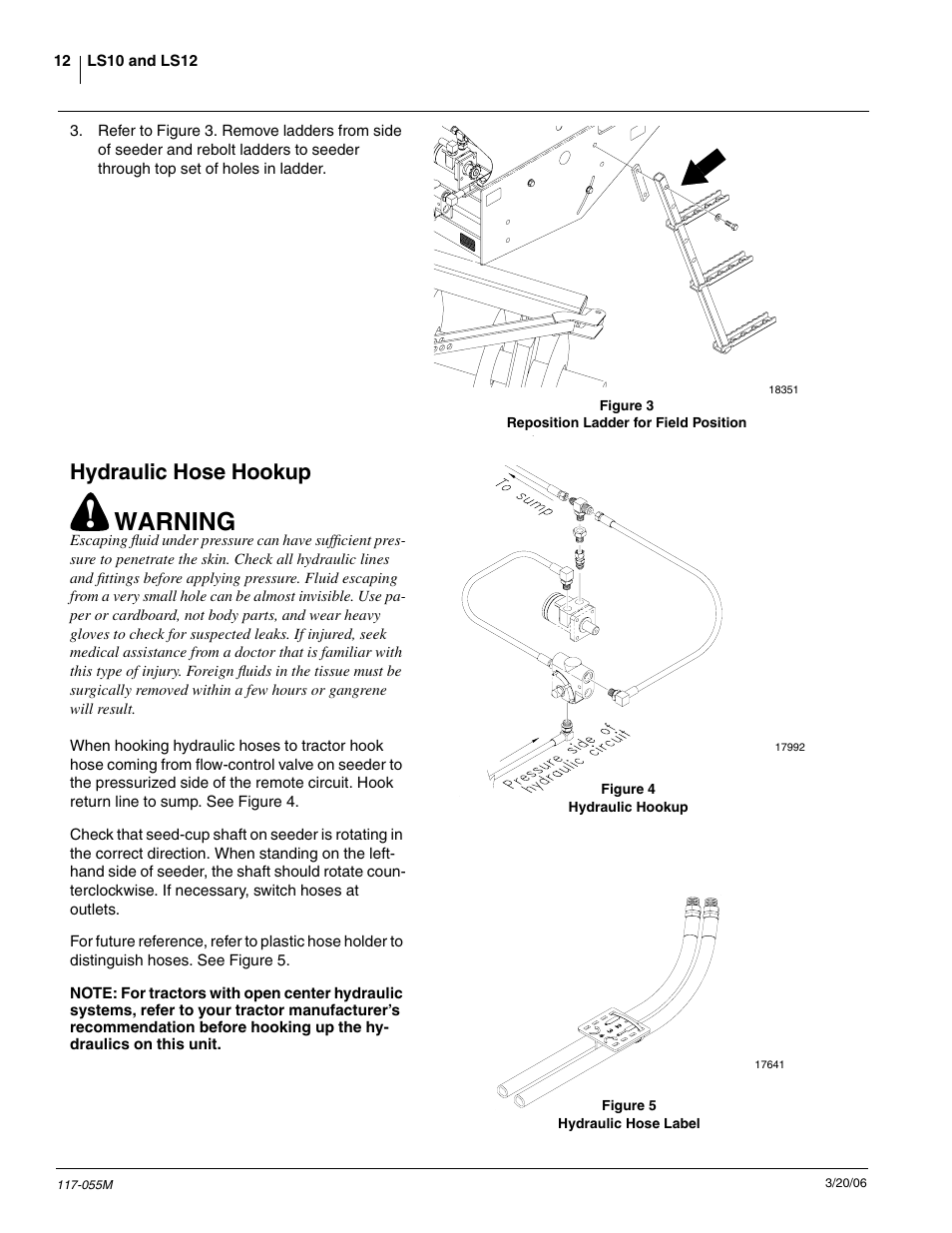Hydraulic hose hookup, Warning | Great Plains LS12 Operator Manual User Manual | Page 14 / 29