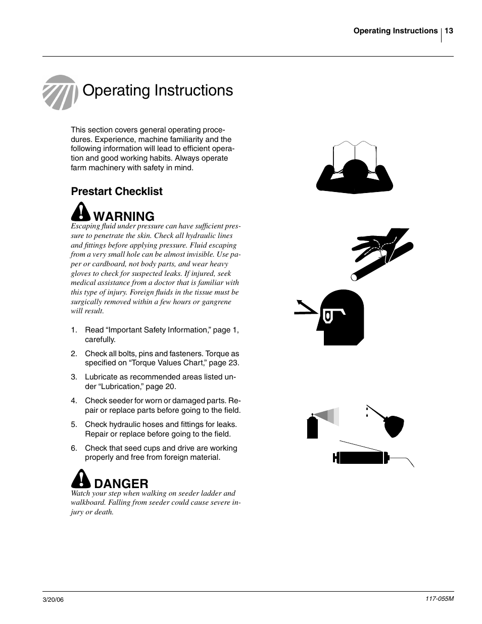 Operating instructions, Prestart checklist, Warning | Danger | Great Plains LS12 Operator Manual User Manual | Page 15 / 29