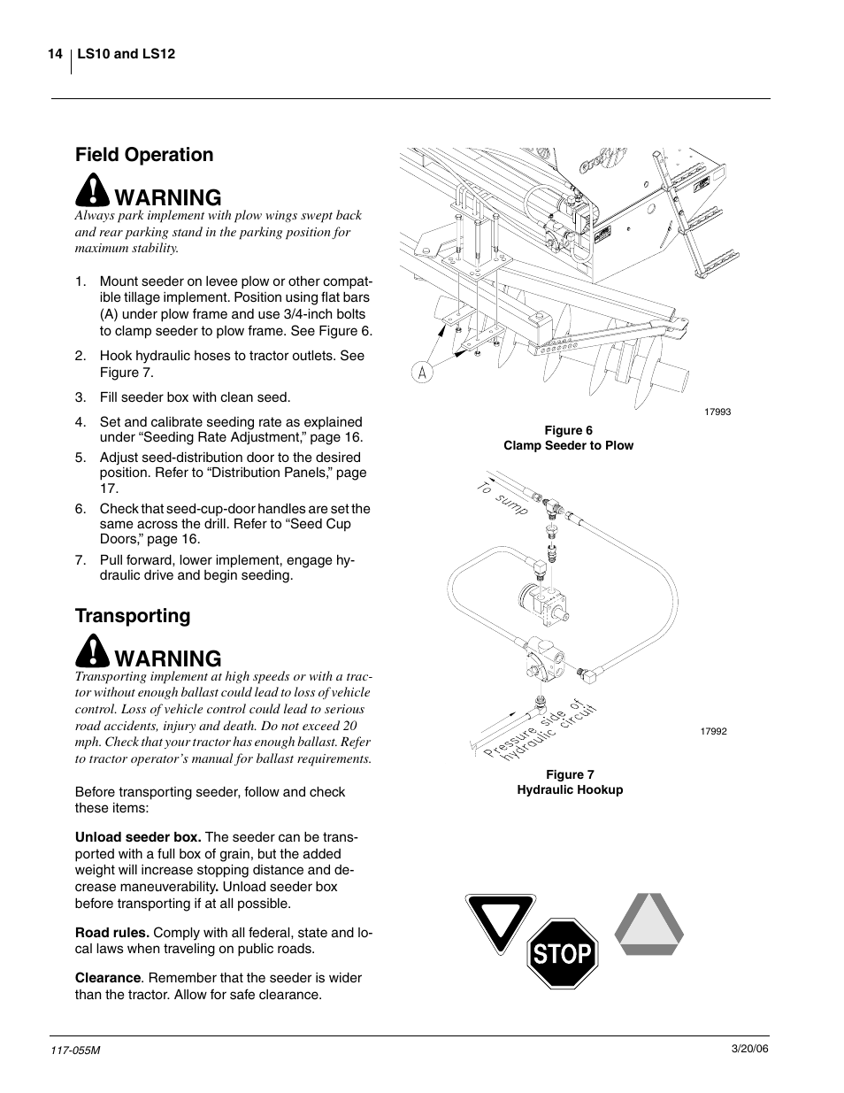 Field operation, Transporting, Warning | Great Plains LS12 Operator Manual User Manual | Page 16 / 29