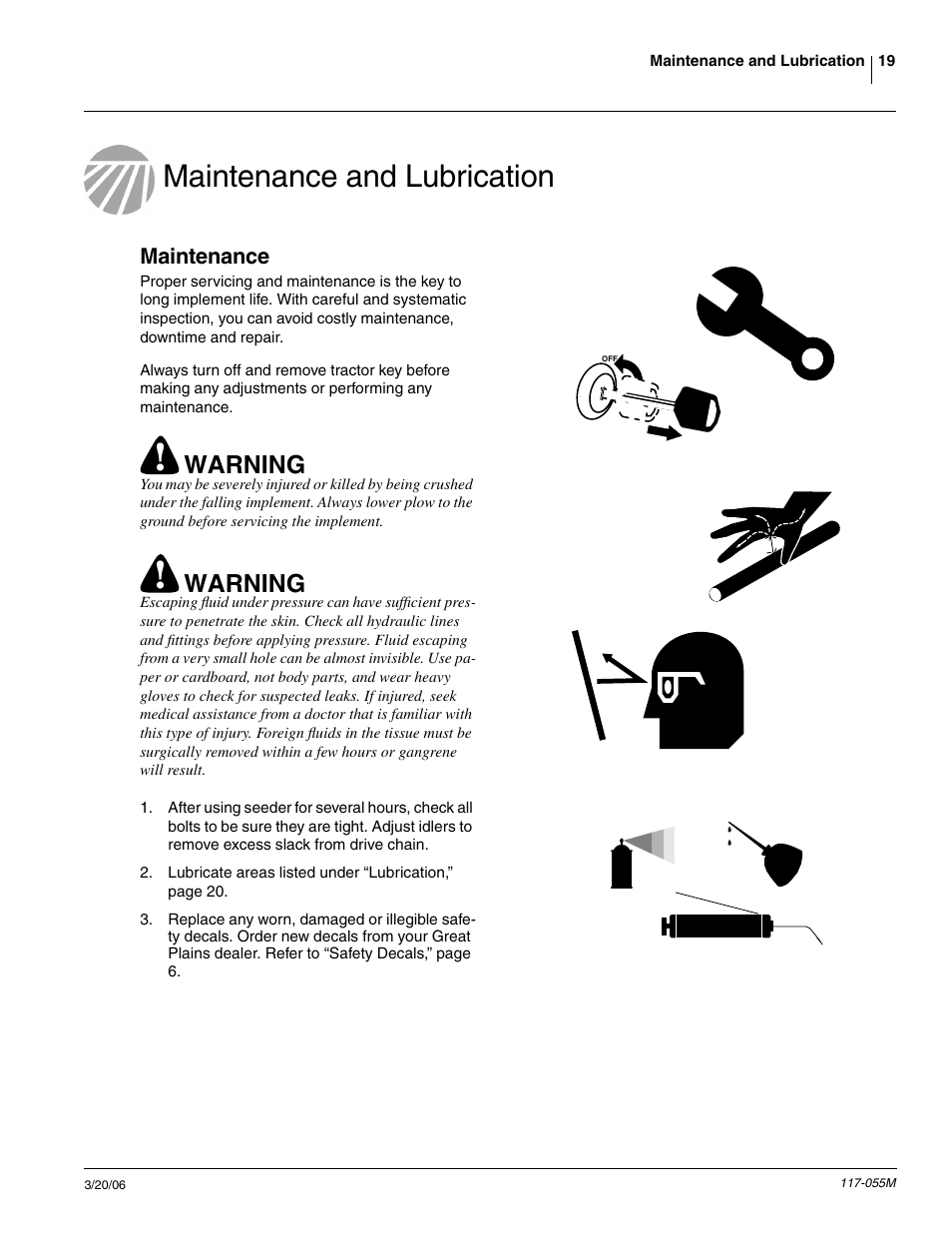 Maintenance and lubrication, Maintenance, Warning | Great Plains LS12 Operator Manual User Manual | Page 21 / 29