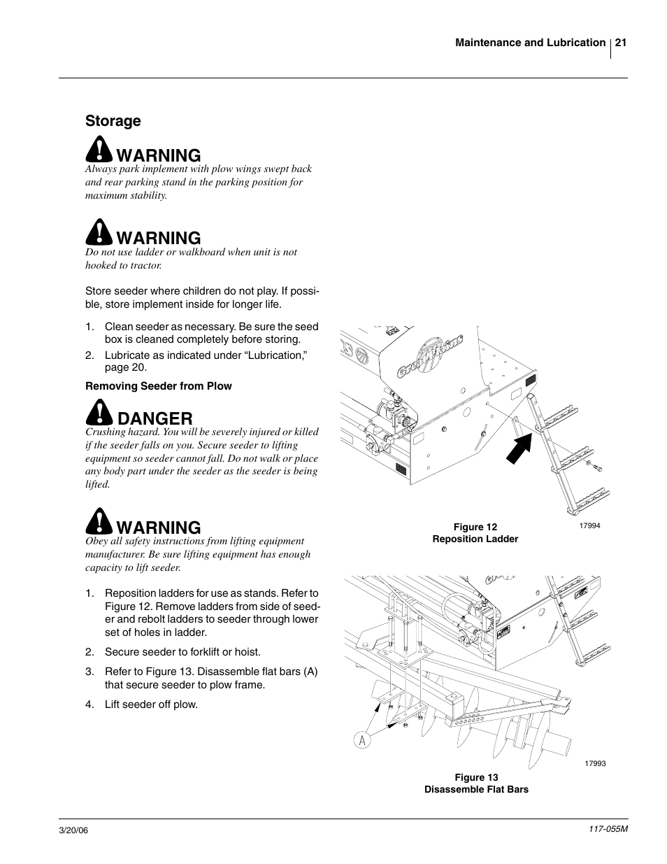 Storage, Removing seeder from plow, Warning | Danger | Great Plains LS12 Operator Manual User Manual | Page 23 / 29