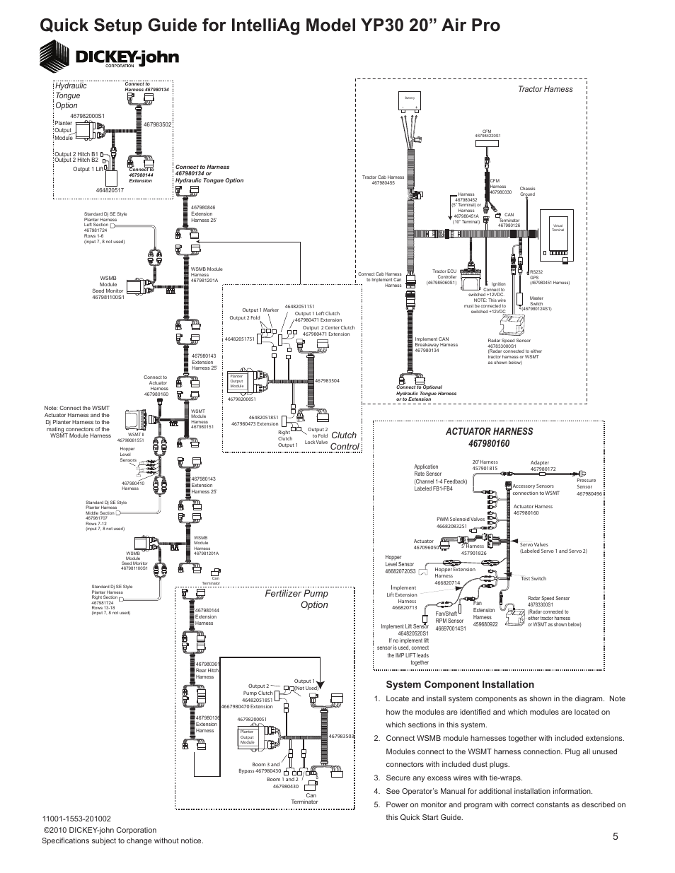 System component installation, Fertilizer pump option, Clutch control | Tractor harness, Hydraulic tongue option | Great Plains YP3025A-1820 18-Row 20-Inch Quick Start User Manual | Page 5 / 5