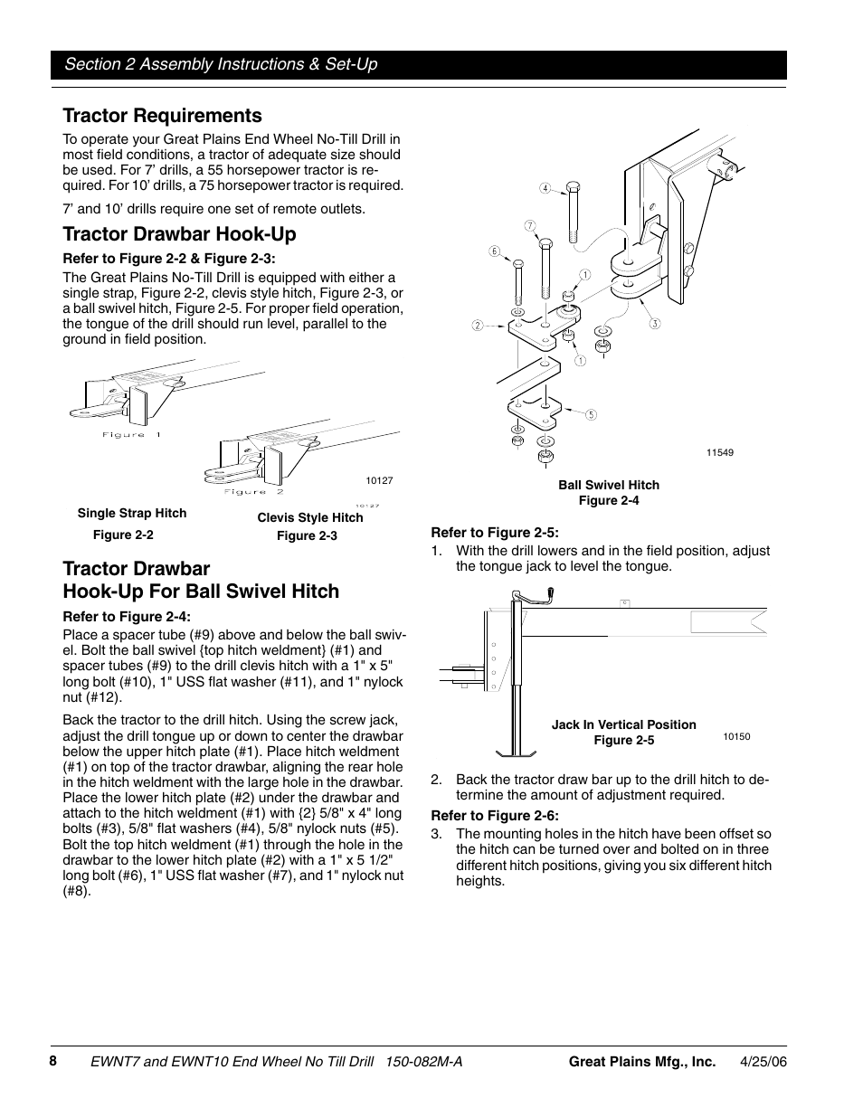 Tractor requirements, Tractor drawbar hook-up, Tractor drawbar hook-up for ball swivel hitch | Great Plains EWNT7 1523Q-1630Q Operator Manual User Manual | Page 10 / 34