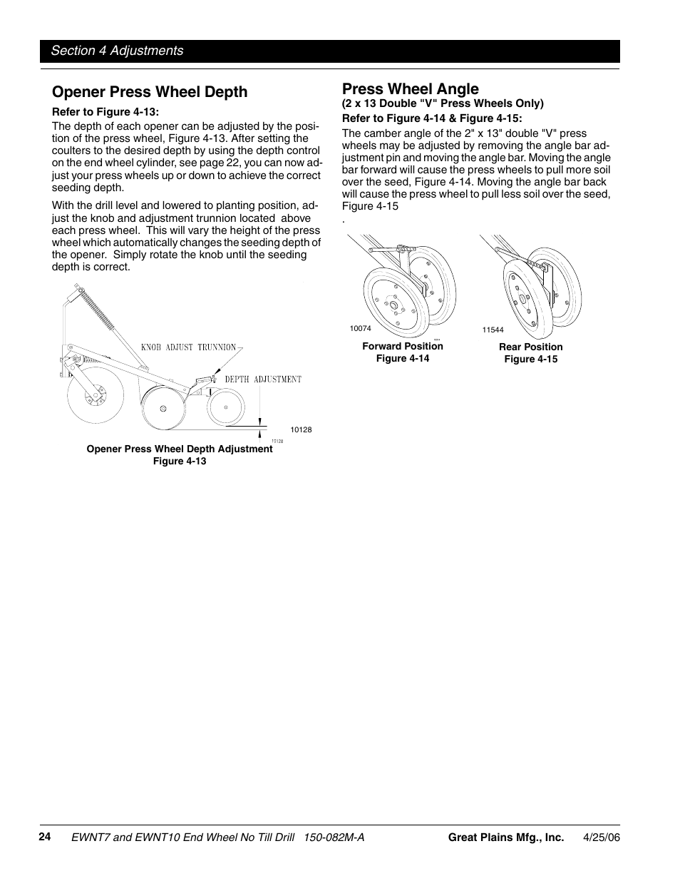 Opener press wheel depth press wheel angle, Opener press wheel depth, Press wheel angle | Great Plains EWNT7 1523Q-1630Q Operator Manual User Manual | Page 26 / 34