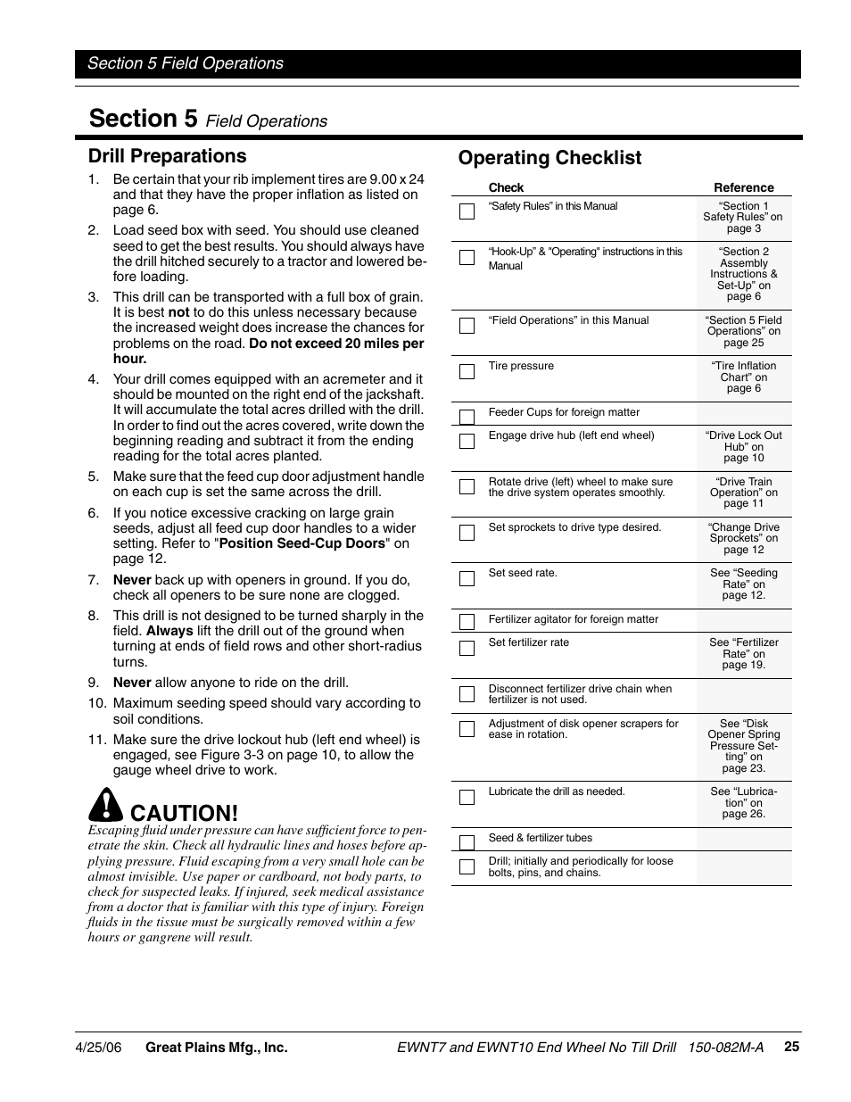 Section 5 field operations, Drill preparations, Caution | Operating checklist, Field operations | Great Plains EWNT7 1523Q-1630Q Operator Manual User Manual | Page 27 / 34