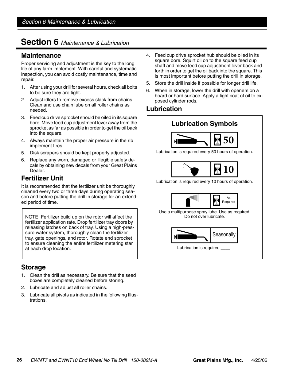 Section 6 maintenance & lubrication, Maintenance fertilizer unit storage lubrication, See “lubrica | Tion” on, Lubrication, Lubrication symbols, Maintenance, Fertilizer unit, Storage | Great Plains EWNT7 1523Q-1630Q Operator Manual User Manual | Page 28 / 34