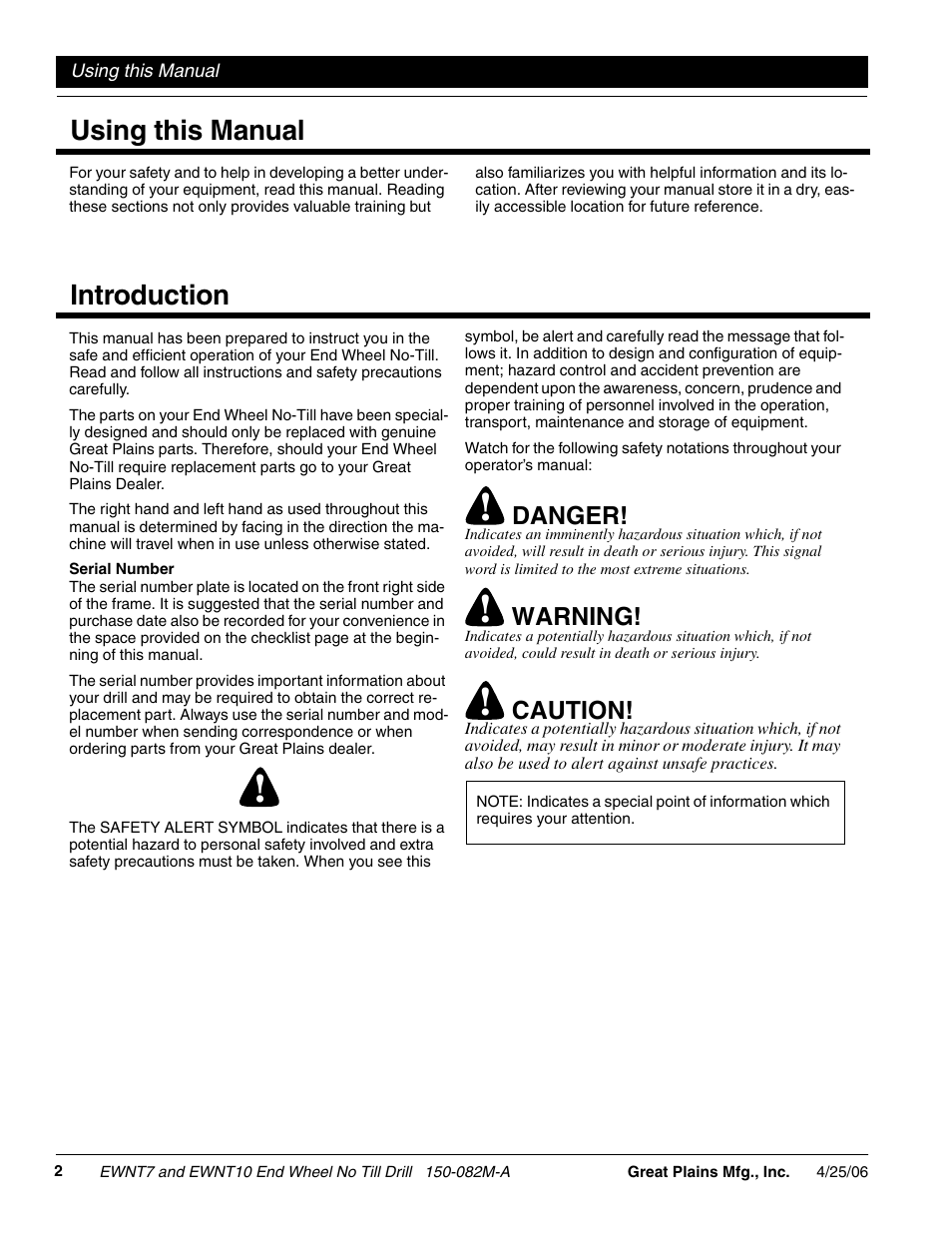 Using this manual, Using this manual introduction, Danger | Warning, Caution | Great Plains EWNT7 1523Q-1630Q Operator Manual User Manual | Page 4 / 34