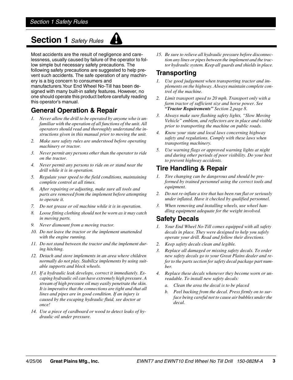 Section 1 safety rules, General operation & repair, Transporting | Tire handling & repair, Safety decals | Great Plains EWNT7 1523Q-1630Q Operator Manual User Manual | Page 5 / 34