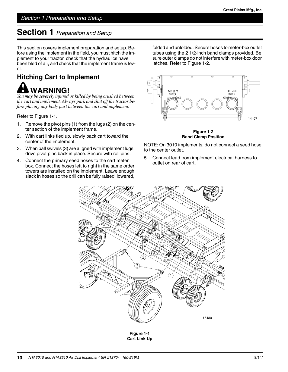 Warning, Hitching cart to implement | Great Plains NTA3010 Operator Manual User Manual | Page 12 / 39