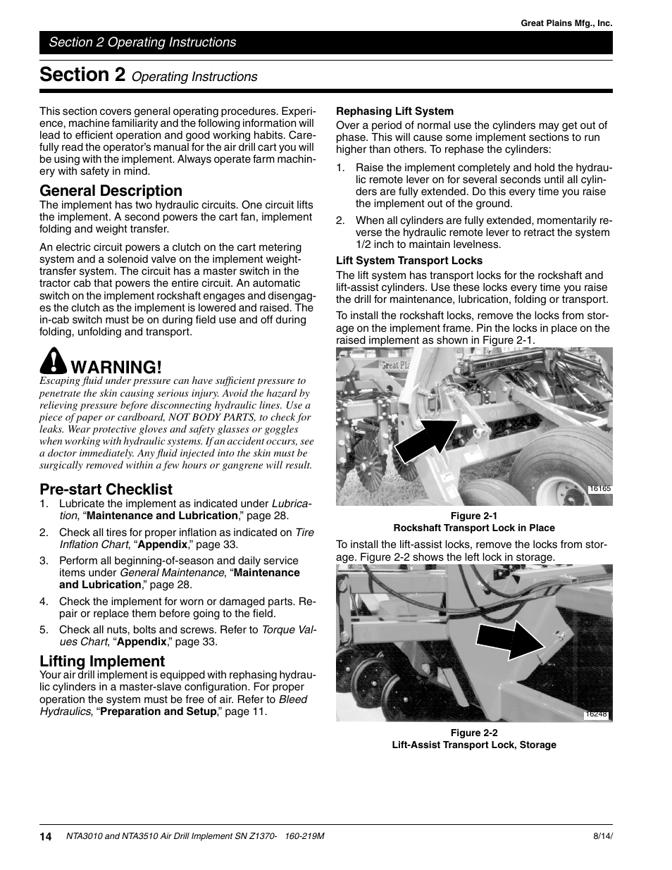 Warning, General description, Pre-start checklist | Lifting implement | Great Plains NTA3010 Operator Manual User Manual | Page 16 / 39