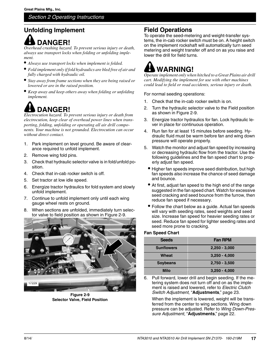 Danger, Warning, Unfolding implement | Field operations | Great Plains NTA3010 Operator Manual User Manual | Page 19 / 39