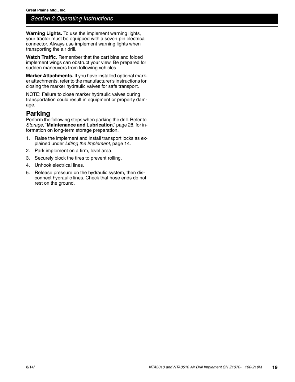 Parking | Great Plains NTA3010 Operator Manual User Manual | Page 21 / 39