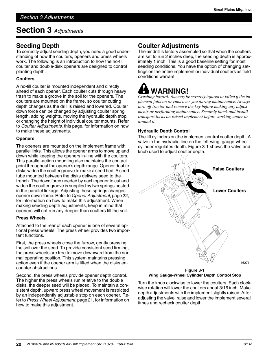Warning, Seeding depth, Coulter adjustments | Great Plains NTA3010 Operator Manual User Manual | Page 22 / 39