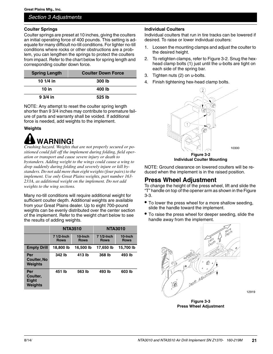 Warning, Press wheel adjustment | Great Plains NTA3010 Operator Manual User Manual | Page 23 / 39