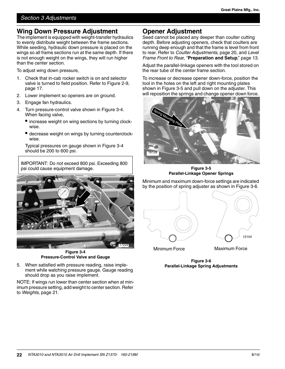 Wing down pressure adjustment, Opener adjustment | Great Plains NTA3010 Operator Manual User Manual | Page 24 / 39