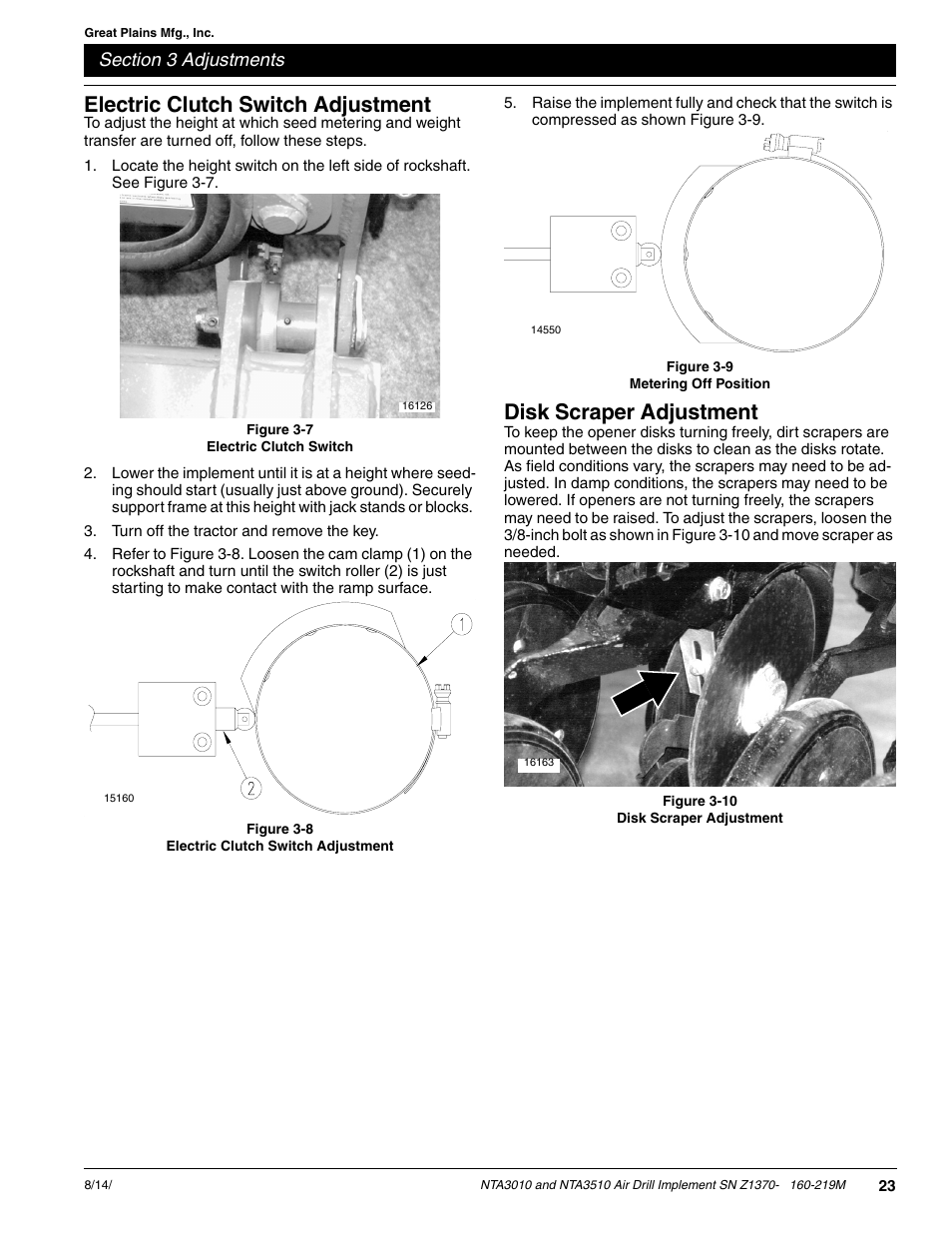 Electric clutch switch adjustment, Disk scraper adjustment | Great Plains NTA3010 Operator Manual User Manual | Page 25 / 39