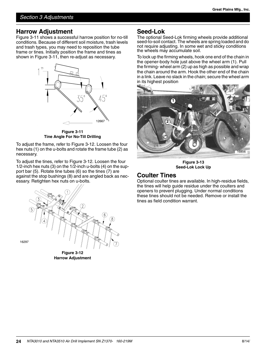 Harrow adjustment, Seed-lok, Coulter tines | Great Plains NTA3010 Operator Manual User Manual | Page 26 / 39